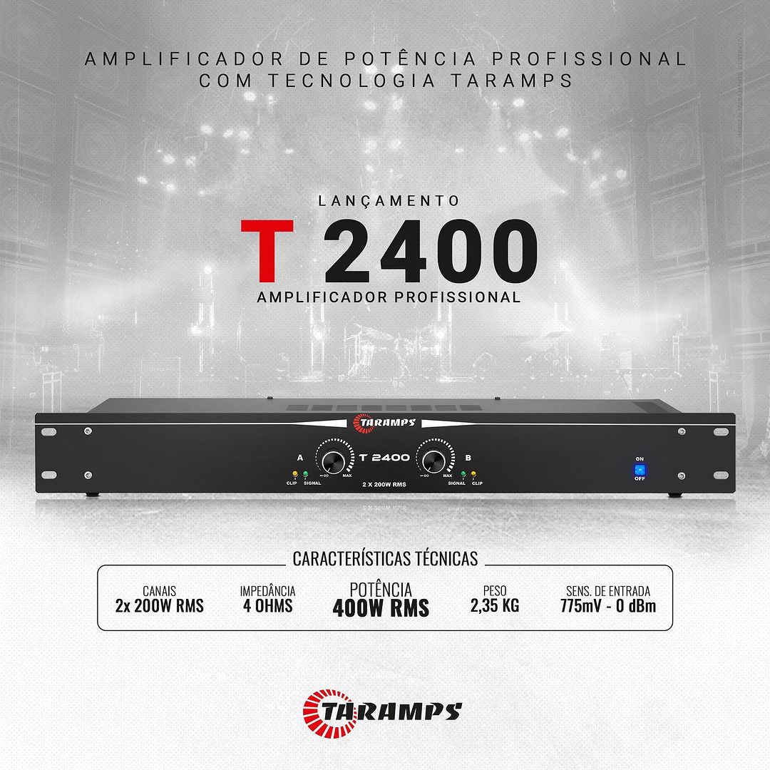 modulo amplificador profissional taramps t2400 400wrms 2 canais 6